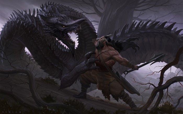 Fantasy art of a man fighting a dragon
