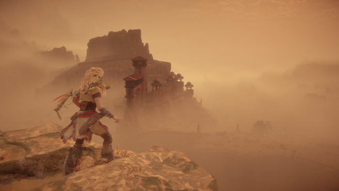 Aloy from Horizon Zero Dawn overlooks a misty landscape