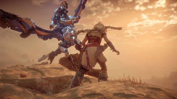 Aloy from Horizon Zero Dawn fighting a machine