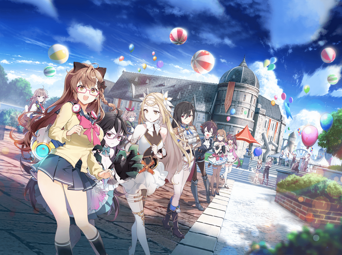 Anime girls in a courtyard with a castle and balloons