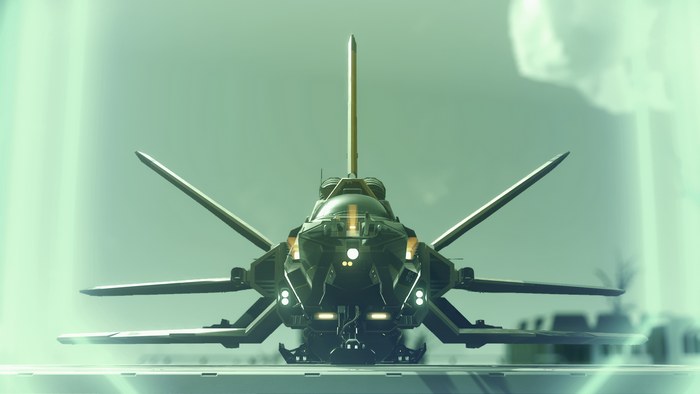 Spaceship on a landing pad in No Man's Sky