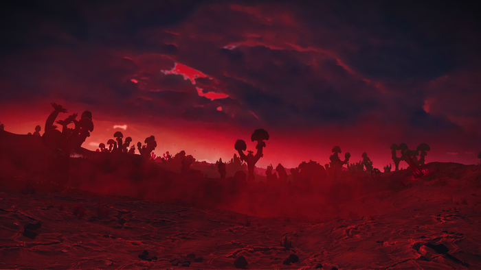Alien world with strange flora under a red sky