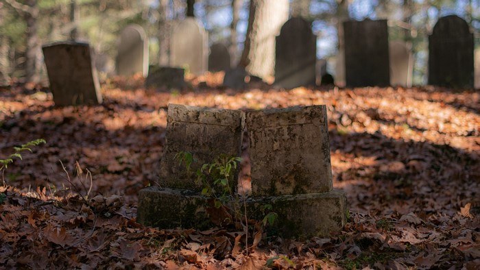 Cemetery with tombstones and fallen leaves