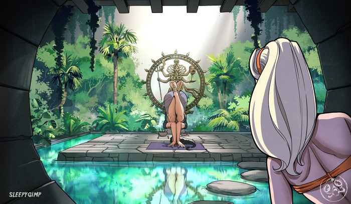 Nancy Templeton in a jungle temple with a statue of Shiva