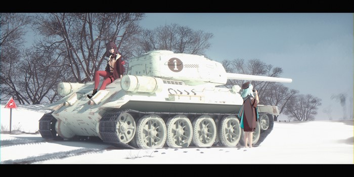 4K anime girls Zima and Istina from Arknights with T-34/85 tank