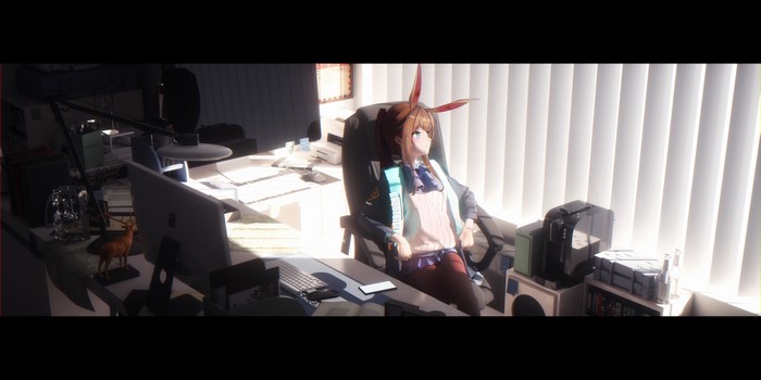 Amiya from Arknights sitting in an office chair