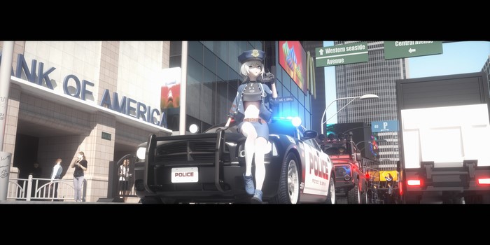 Anime police girl with police car in city