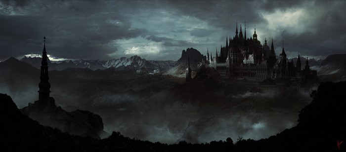 4K Dark Castle Artwork in Mountains