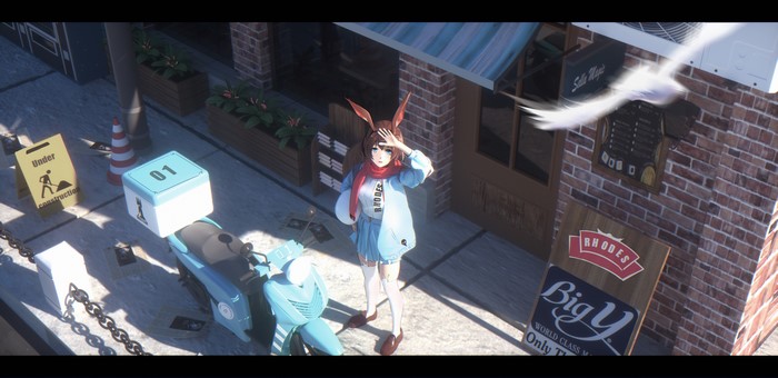 Amiya from Arknights on a street with a scooter