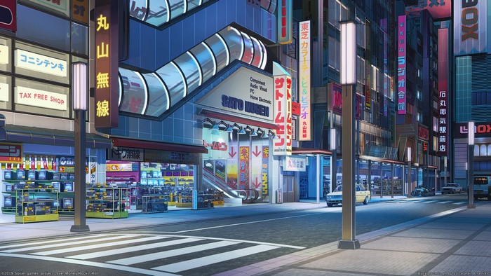 Akihabara street at night with electronic stores
