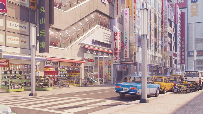 Akihabara street with electronics stores and cars