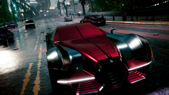Cyberpunk 2077 car on a wet street