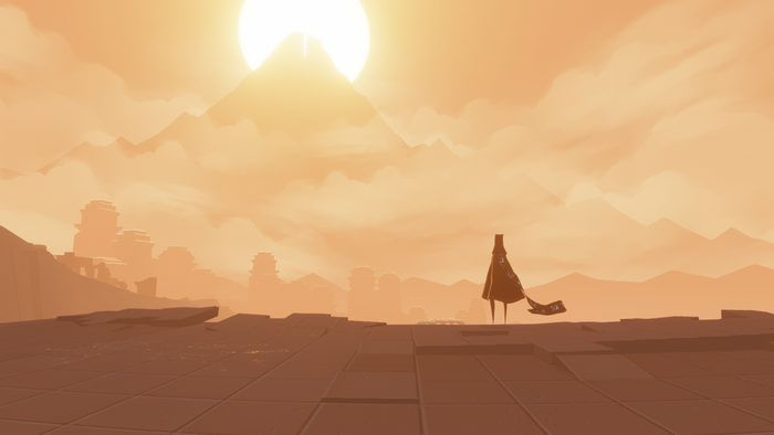 Character from Journey (game) in a desert landscape