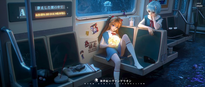 Asuka and Rei from Neon Genesis Evangelion on a train