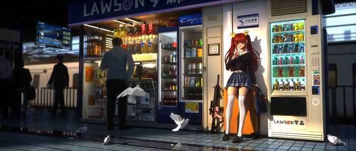 Anime girl with guns at Lawson convenience store