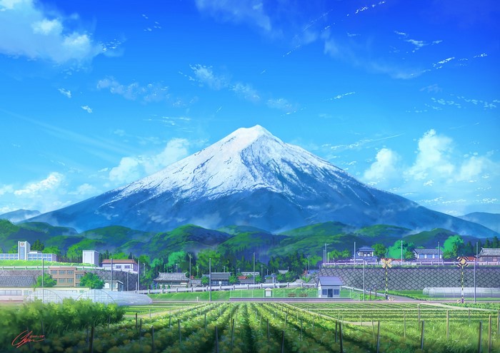 Mount Fuji and a Japanese village