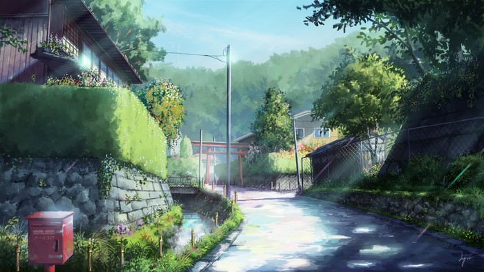 Anime village road with torii gate and mailbox