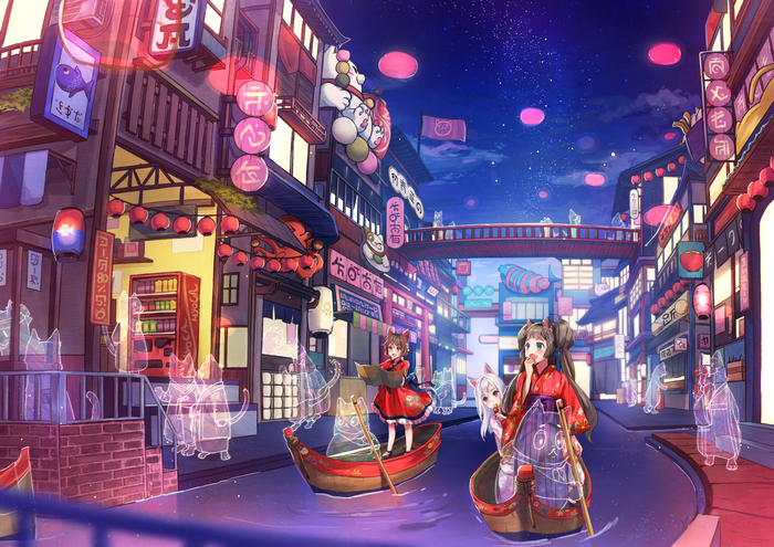 Anime girls in a fantasy Japanese city at night