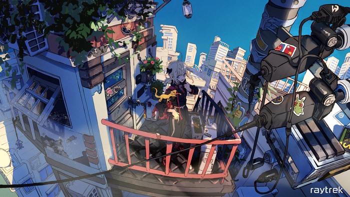 Anime girl with lizard on balcony in anime city