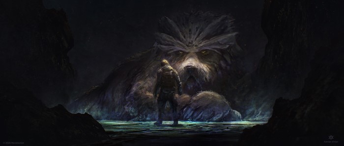 Man facing a giant creature in a dark cave