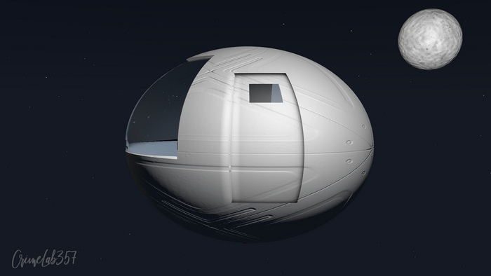 3D render of a spherical spaceship in space with a moon