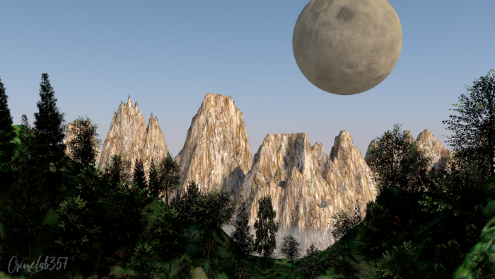 3D rendered landscape with mountains and moon
