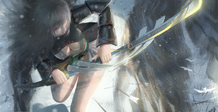 Anime girl with bow and arrow in snow