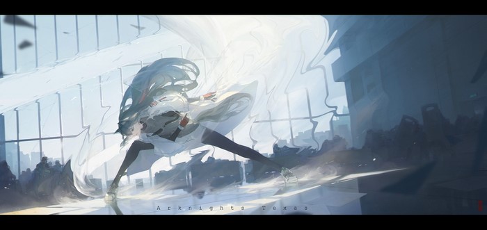 Texas from Arknights in a white dress