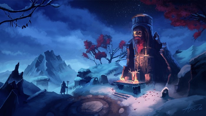 Warcraft statue in a snowy landscape