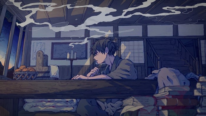 Anime boy sitting at a table with candles