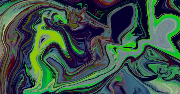 Abstract fluid digital art with green and purple shapes
