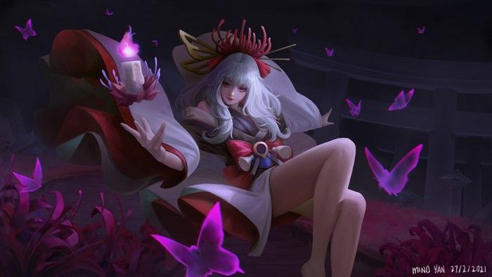 Fantasy girl with white hair and butterflies