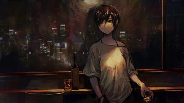 Anime girl with bottle and glass overlooking city