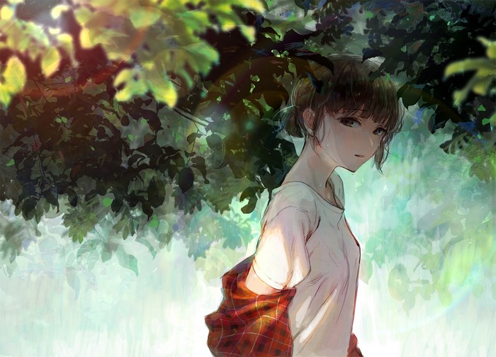 Anime girl with short hair under trees