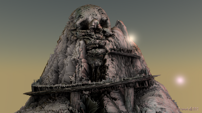 Fantasy mountain with skull face and wooden bridges