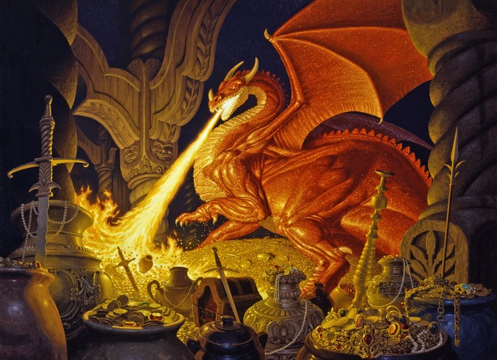 Smaug the dragon from The Hobbit breathing fire