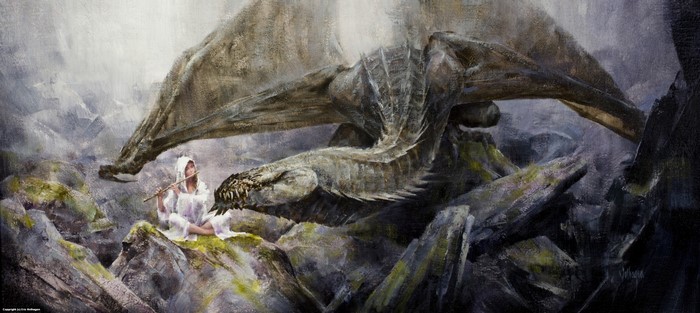 Girl playing flute for a dragon in a rocky landscape