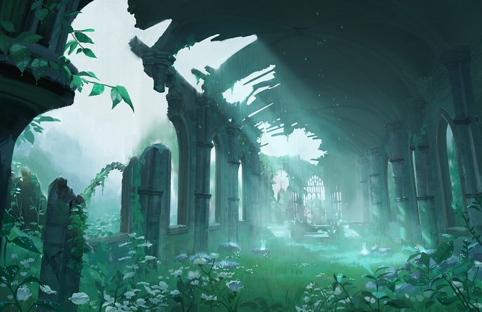 Ruined ancient structure overgrown with plants in The Legend of Zelda: Breath of the Wild