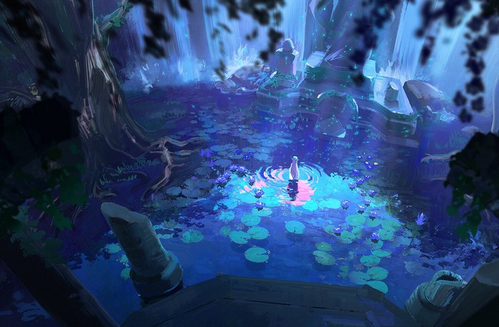 A figure stands in a mystical pond with lily pads and glowing particles.