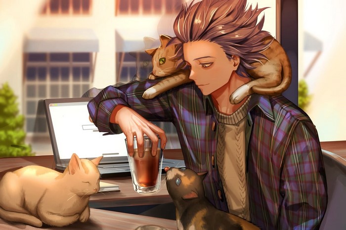 Hitoshi Shinso from Boku no Hero Academia with cats