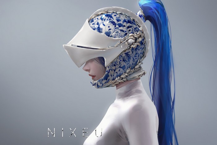 Woman wearing a blue and white patterned helmet with blue ponytail