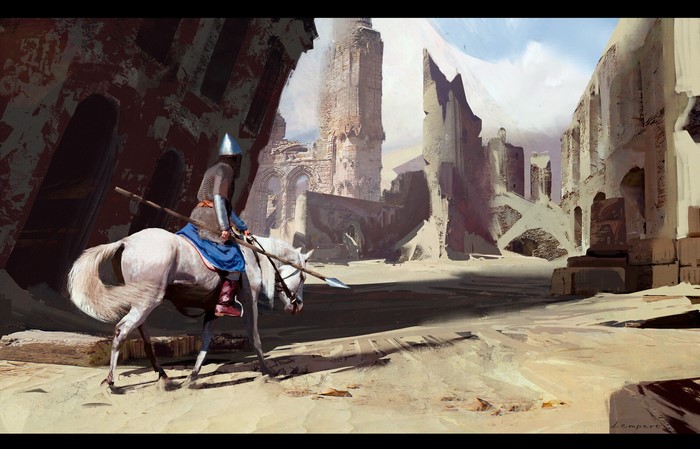 Knight on horseback in ruined city