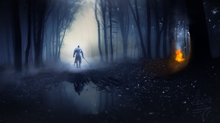 4K Dark Souls warrior in a foggy forest