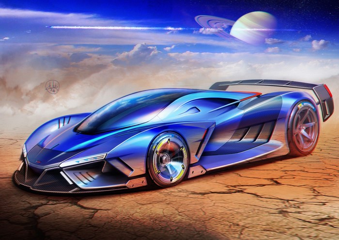Blue futuristic race car on a cracked desert planet with Saturn in the sky