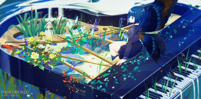 Anime girl with butterfly wings on a piano garden