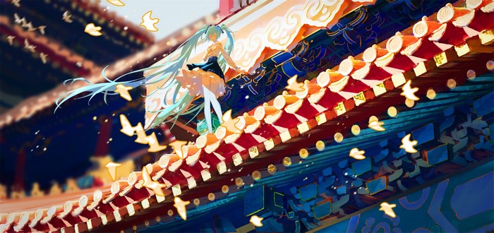 Hatsune Miku on a traditional Chinese rooftop with birds