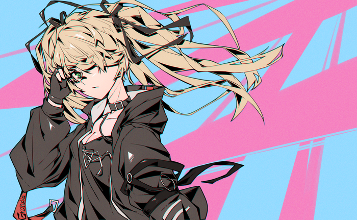 Anime girl with blonde hair and black jacket