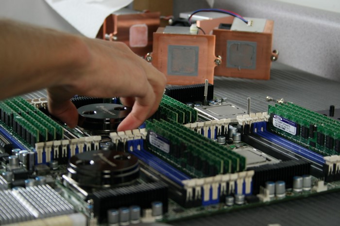 Assembling a dual-socket server motherboard with RAM and CPU water blocks