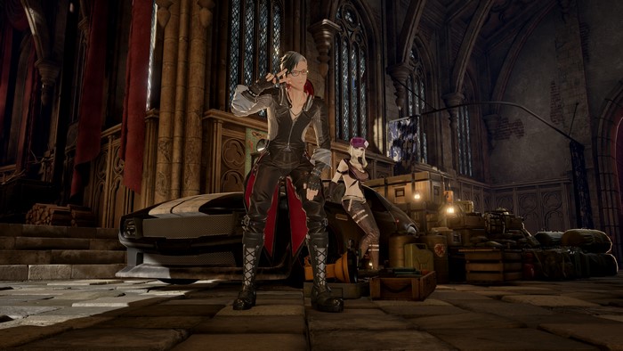 4K Code Vein characters with car in gothic interior