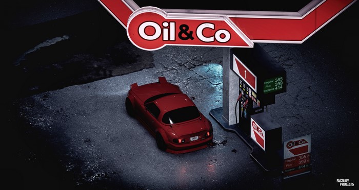 Red Mazda MX-5 at Oil & Co gas station